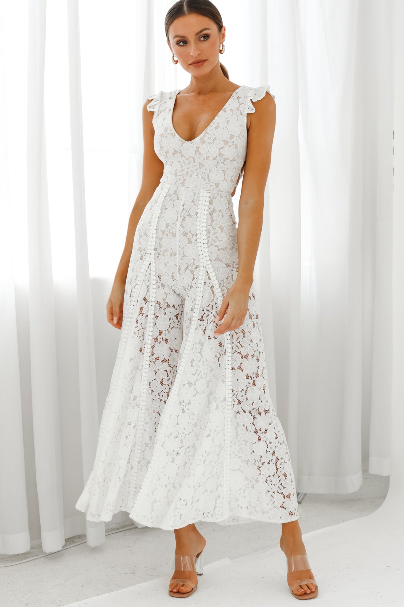 Take Note Laced-Back Frill Shoulder Lace Jumpsuit White by Selfie Leslie
