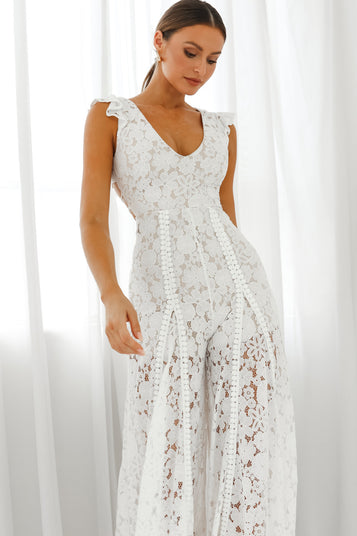 Shop the Take Note Laced-Back Frill Shoulder Lace Jumpsuit White ...