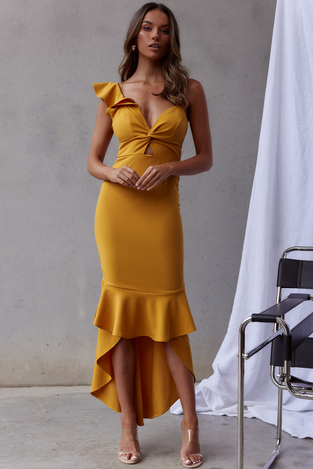 Pearl Ruffle Strap Twist Bust Dress Mustard by Selfie Leslie