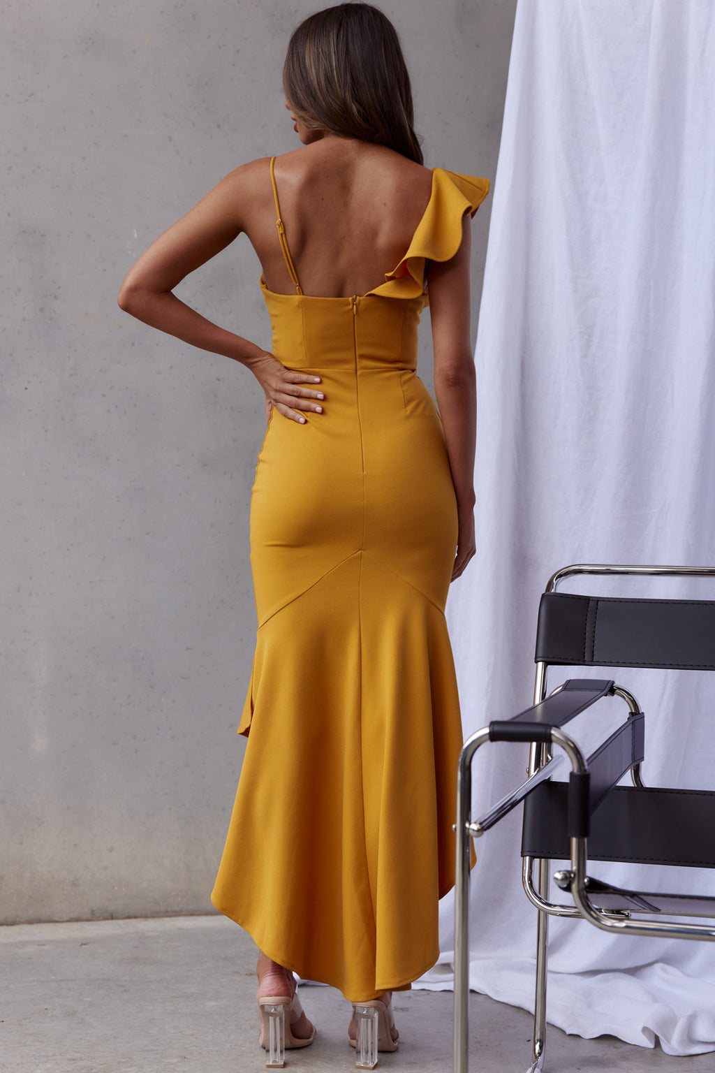 Pearl Ruffle Strap Twist Bust Dress Mustard by Selfie Leslie