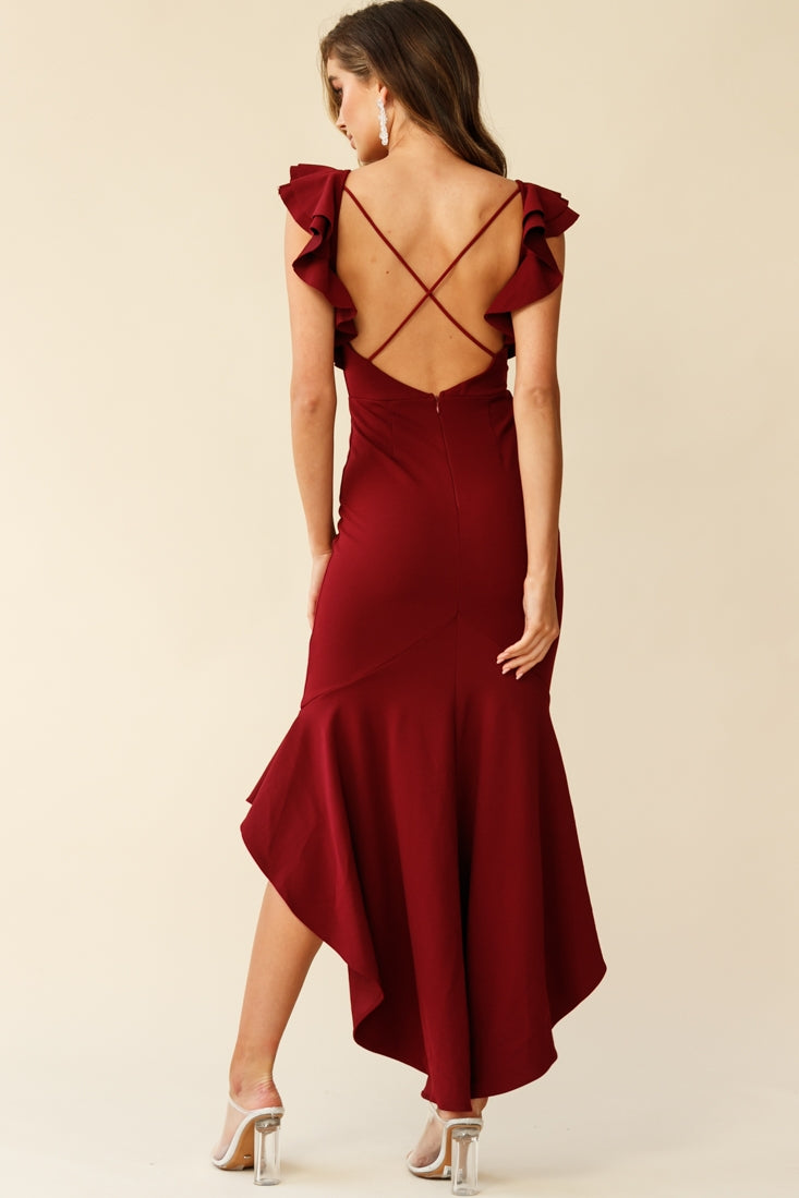 Pearl Ruffle Strap High-Low Hem Dress Plum by Selfie Leslie