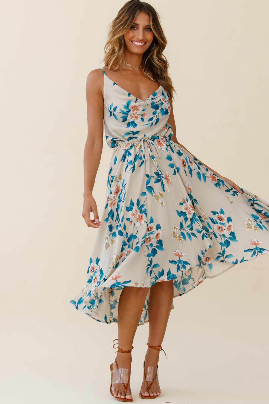 Ava Cowl Neck Drawstring Midi Dress Floral Print Mocha by Selfie Leslie