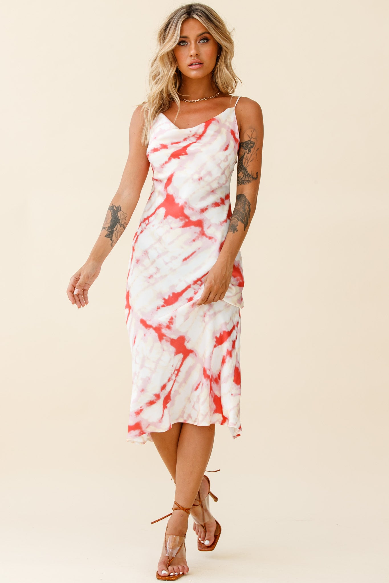 Show Me Love Cowl Neck Midi Dress Tie-Dye Red by Selfie Leslie