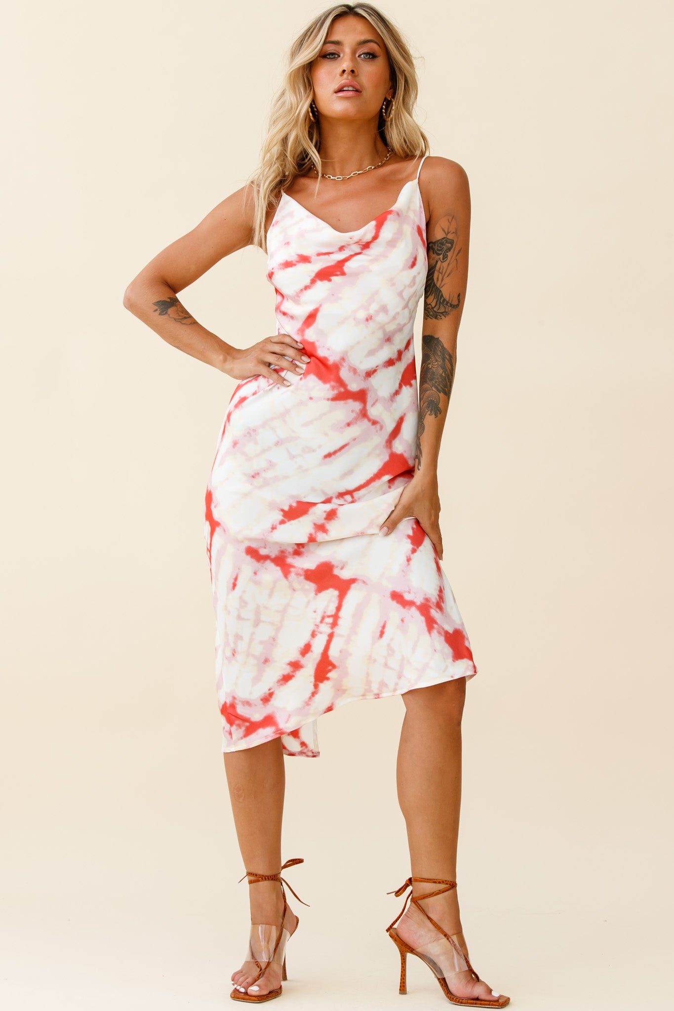Show Me Love Cowl Neck Midi Dress Tie-Dye Red by Selfie Leslie