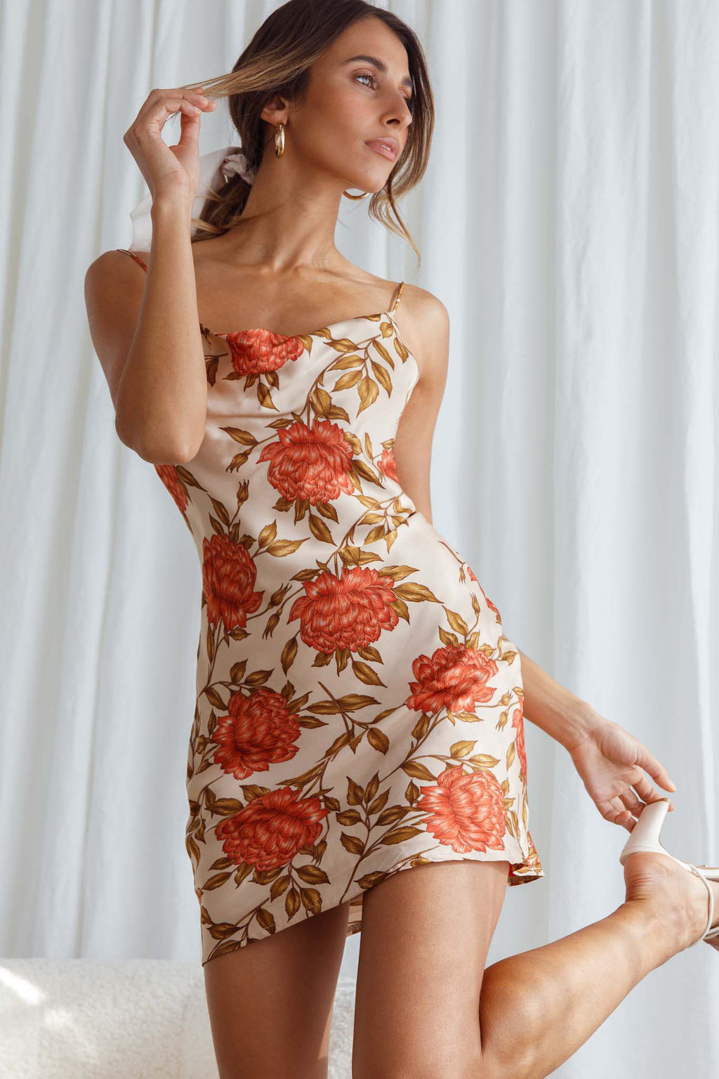 Show Me Love Cowl Neck Mini Dress Red Flower Print Beige by Selfie Leslie