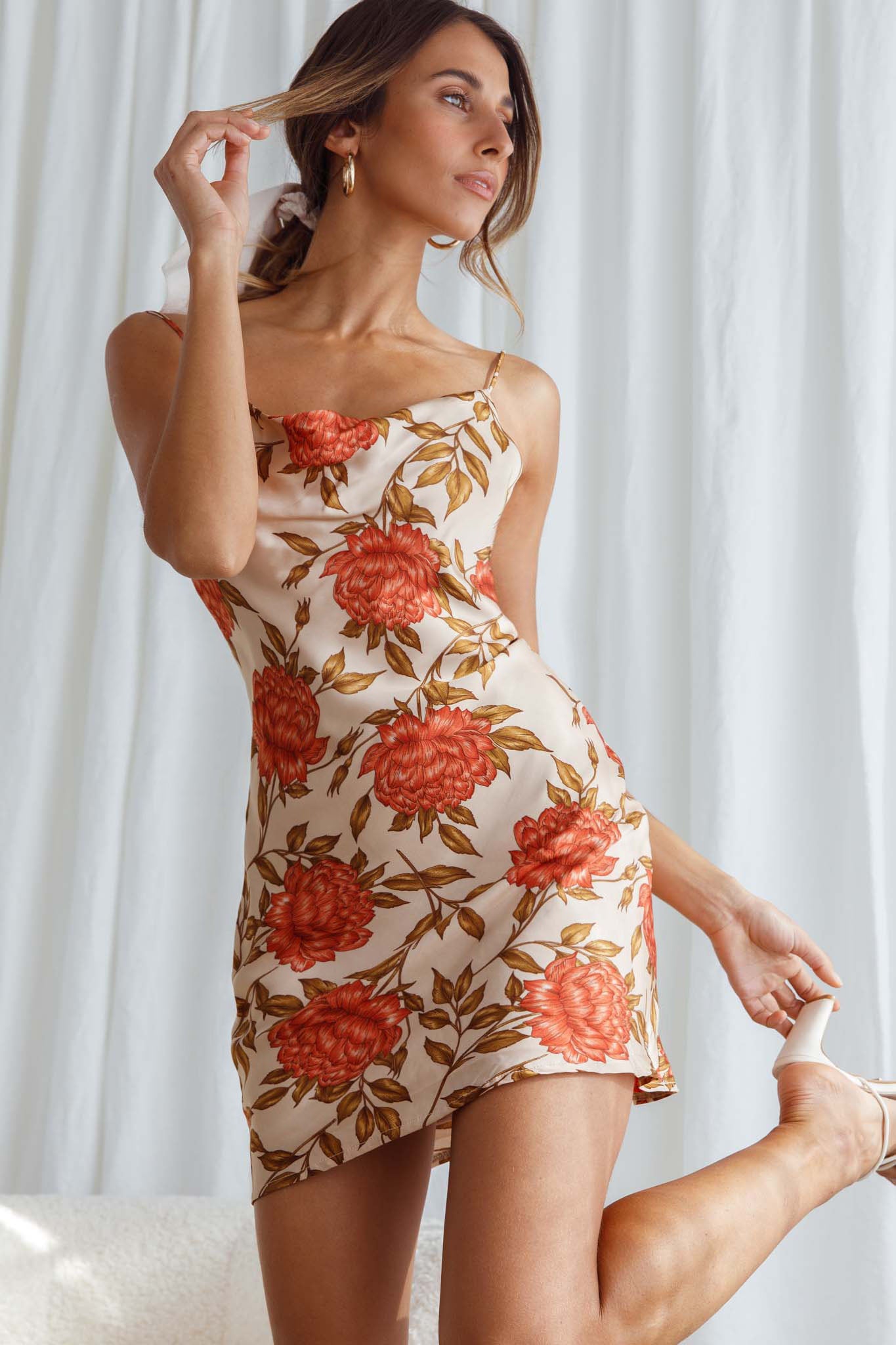 Show Me Love Cowl Neck Mini Dress Red Flower Print Beige by Selfie Leslie