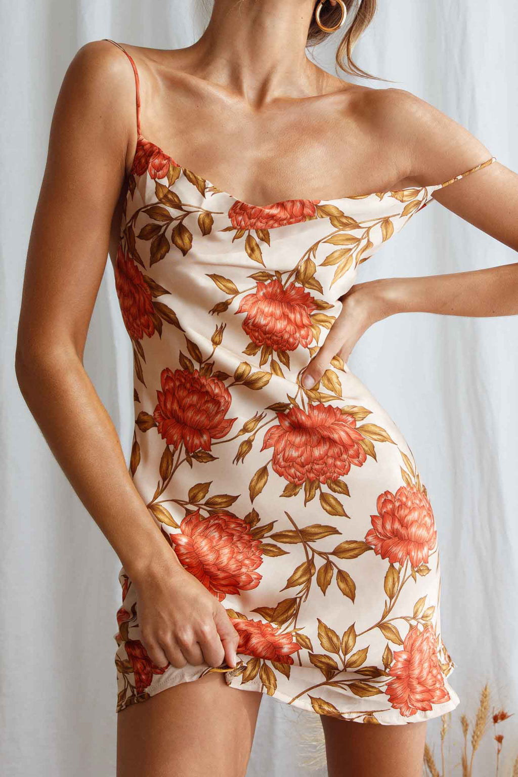 Show Me Love Cowl Neck Mini Dress Red Flower Print Beige by Selfie Leslie