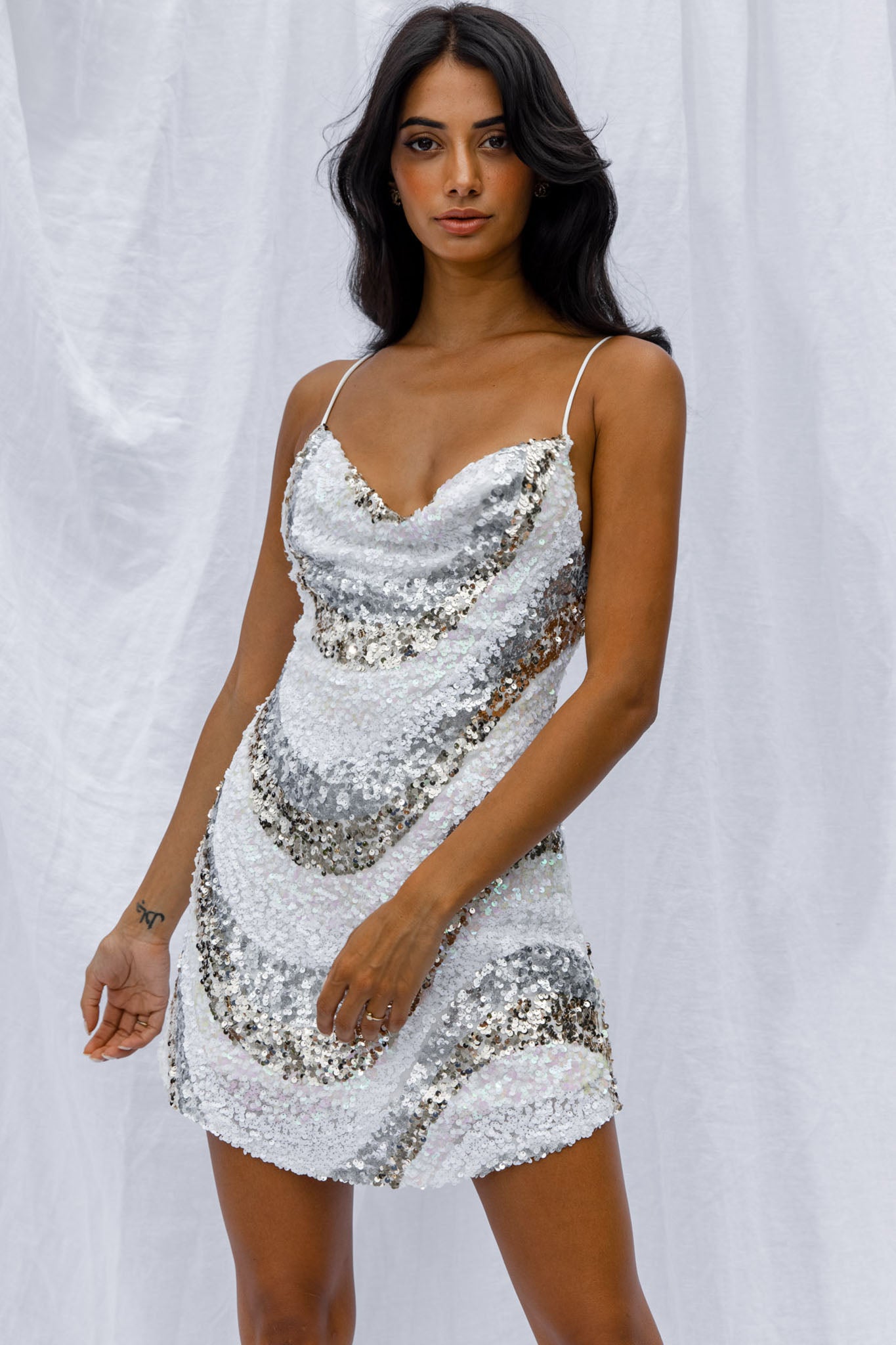 Shop the Show Me Love Cowl Neck Mini Dress Sequin Swirl White