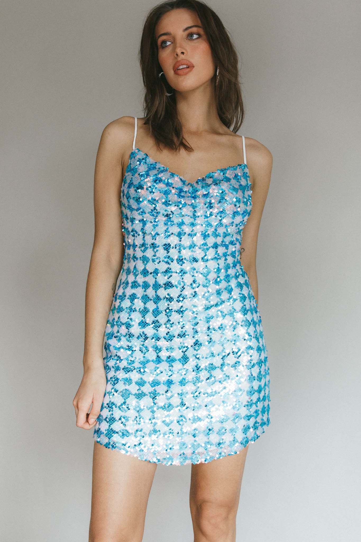 Show Me Love Cowl Neck Mini Dress Sequin Check Blue - XS Show Me Love Cowl Neck Mini Dress Sequin Check Blue - XS