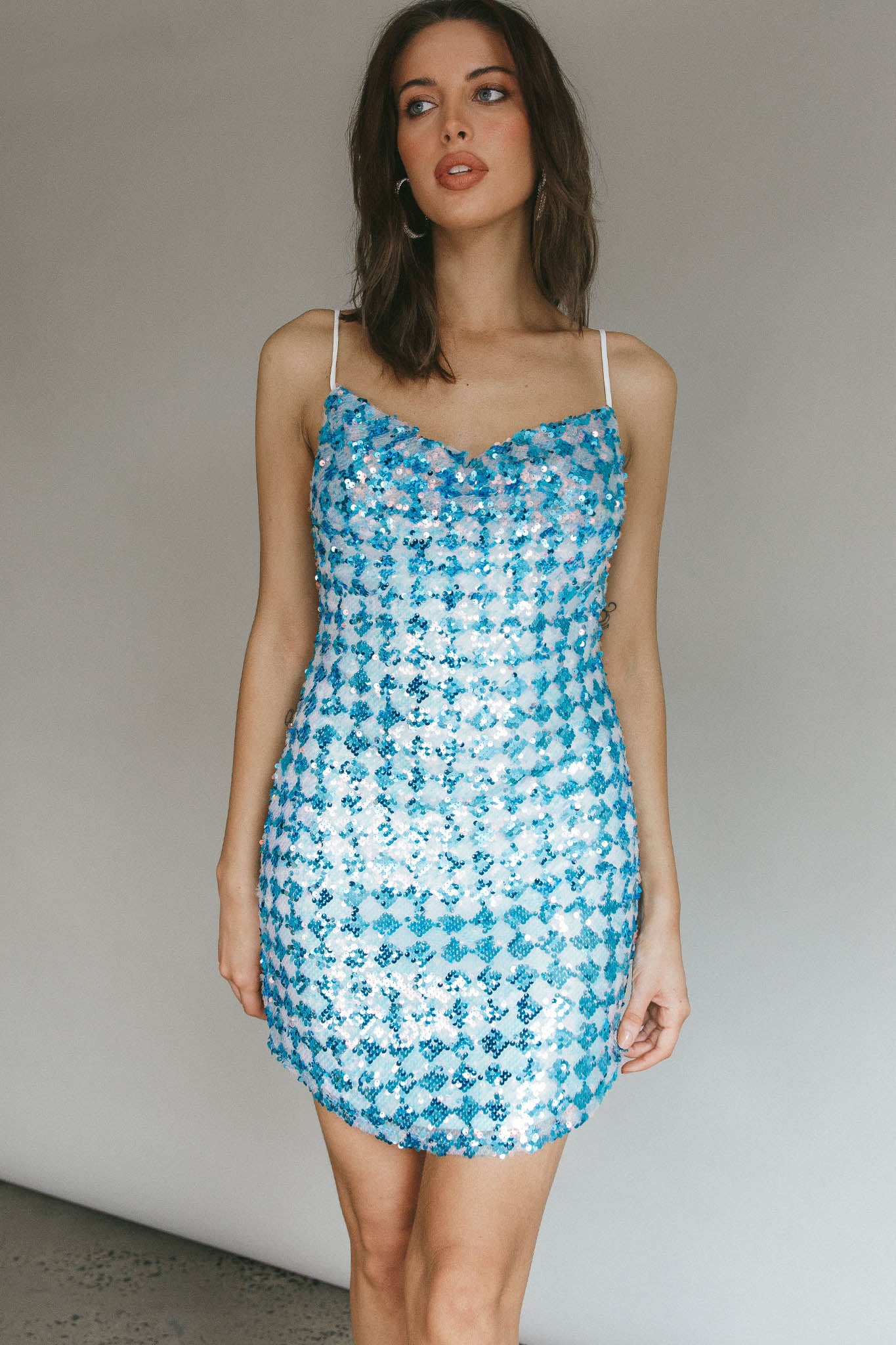 Show Me Love Cowl Neck Mini Dress Sequin Check Blue by Selfie Leslie