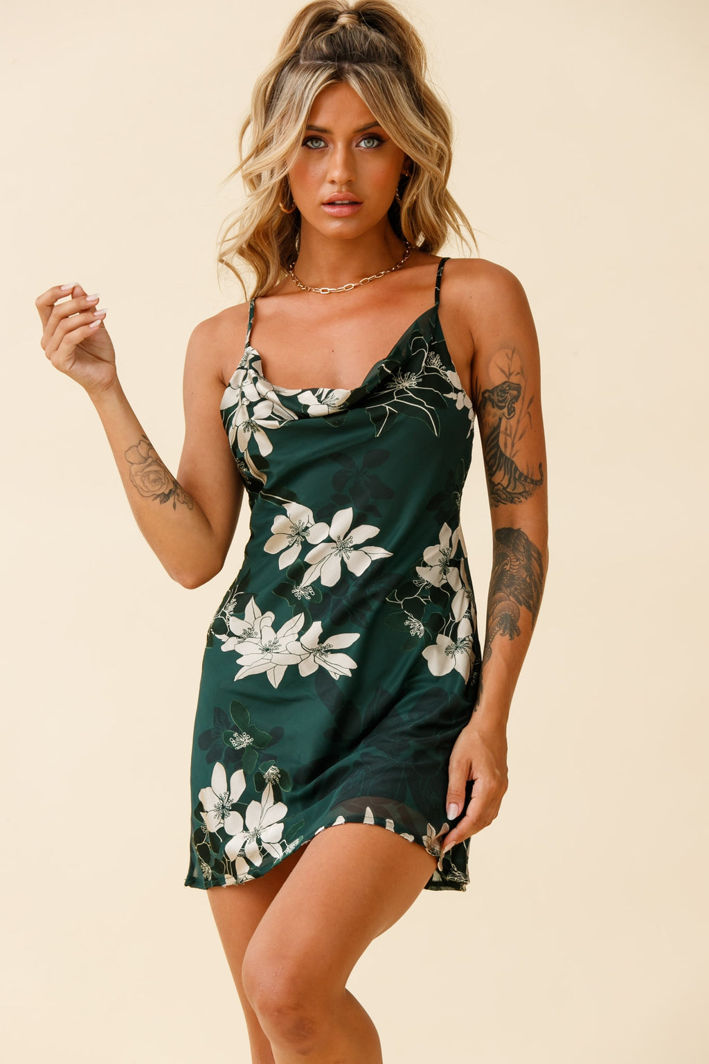 Show Me Love Cowl Neck Mini Dress Flower Print Green by Selfie Leslie