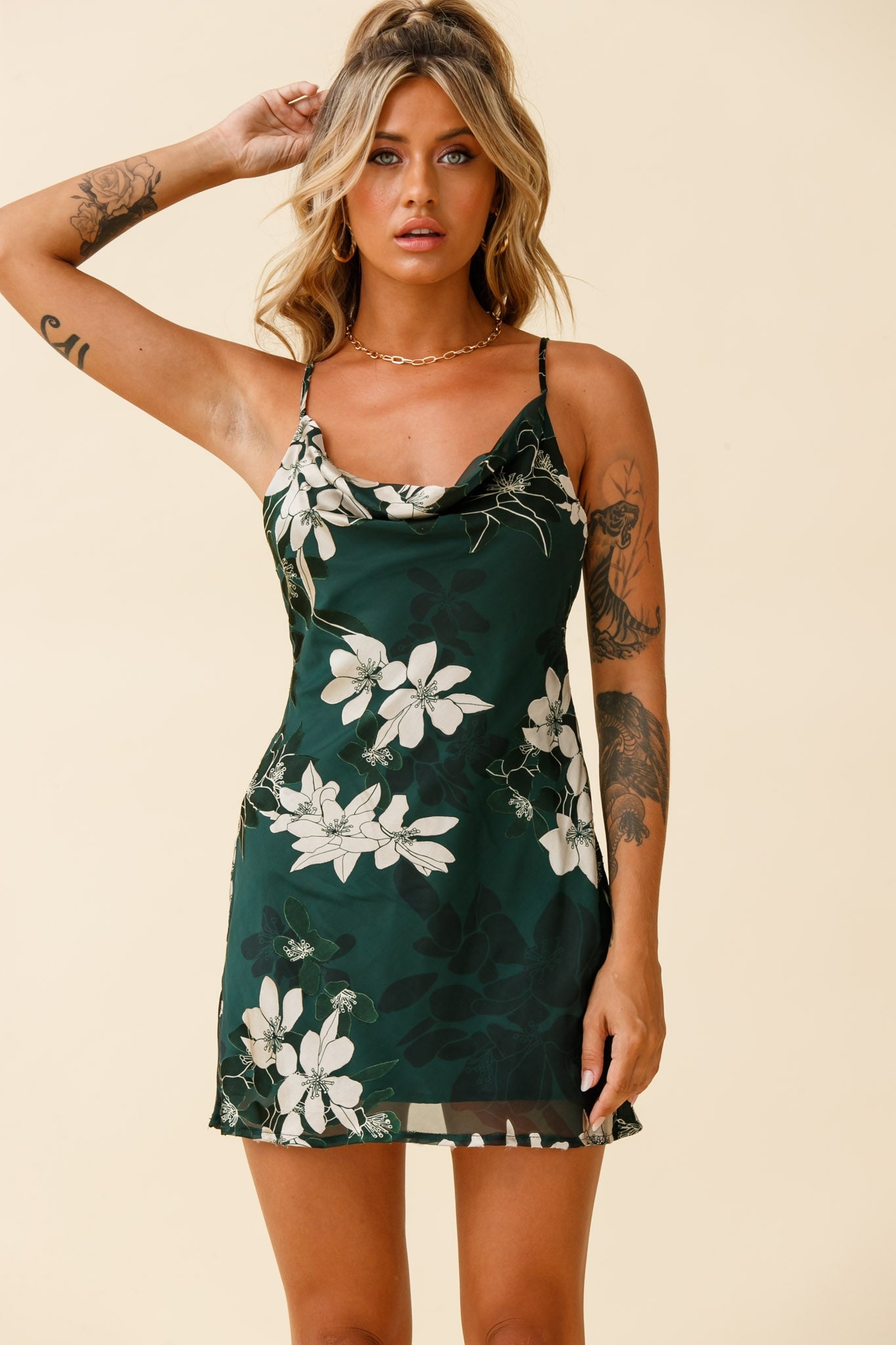 Show Me Love Cowl Neck Mini Dress Flower Print Green by Selfie Leslie