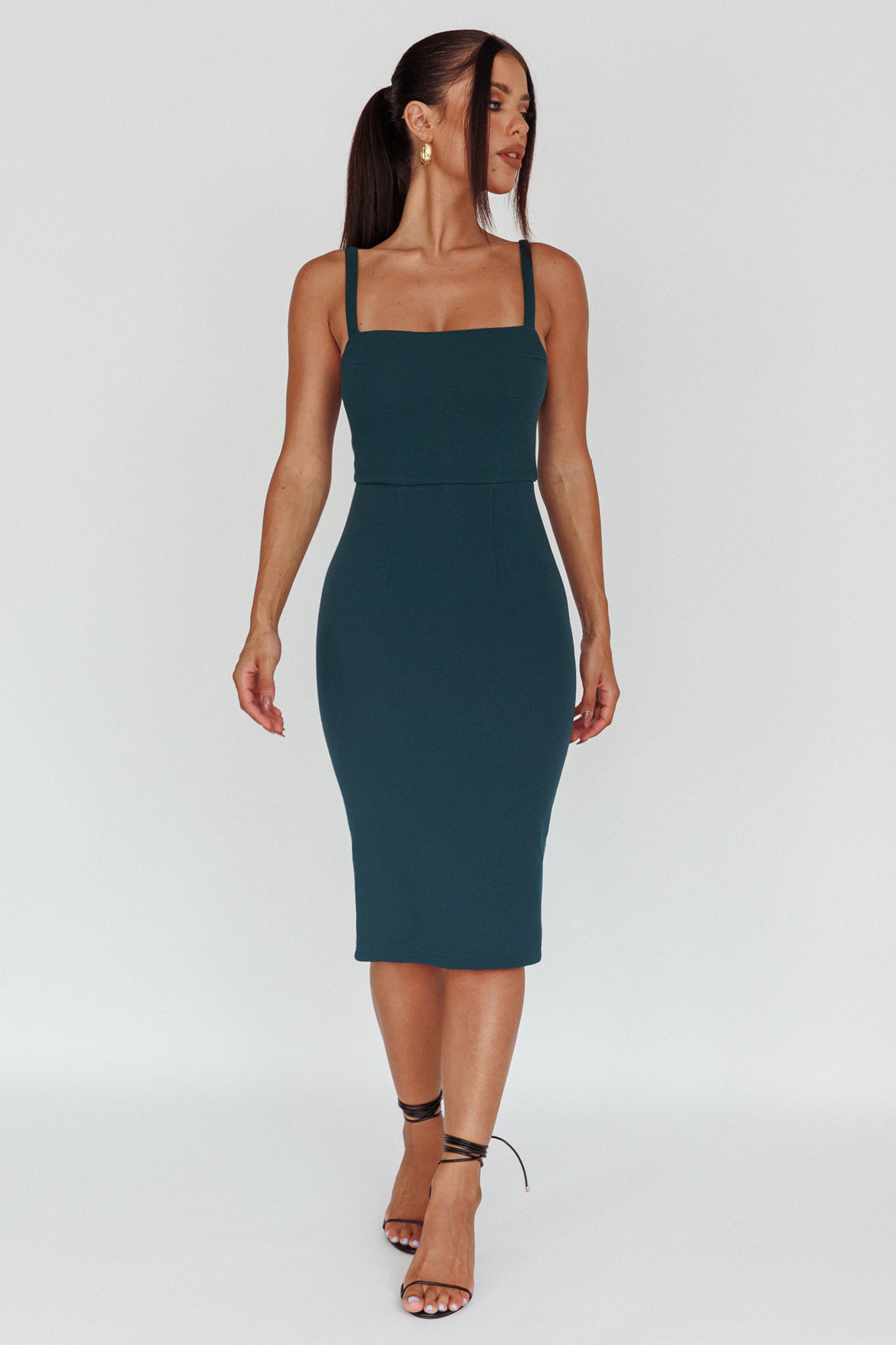 Georgia Square Neckline Midi Dress Forest Green by Selfie Leslie