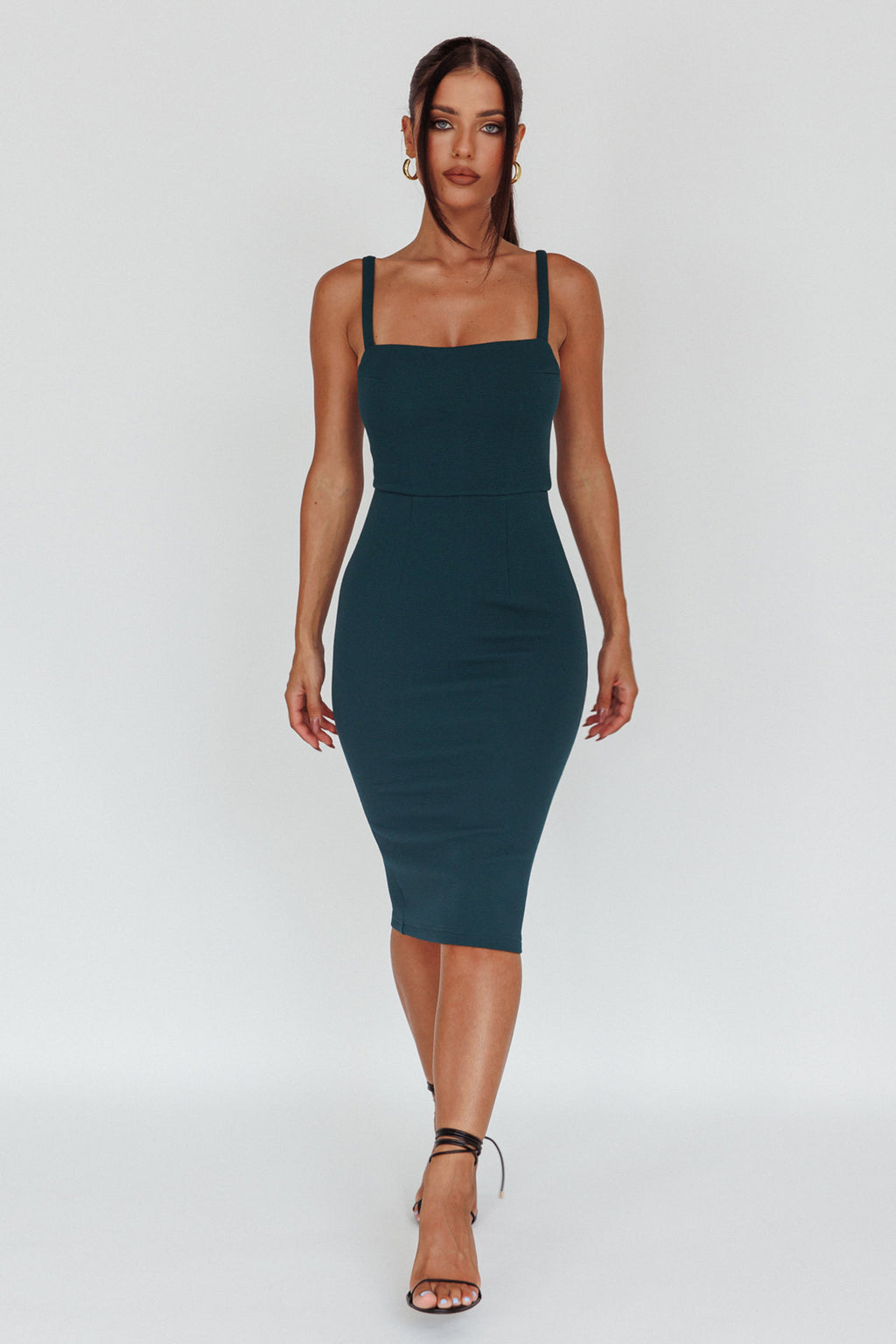 Georgia Square Neckline Midi Dress Forest Green by Selfie Leslie