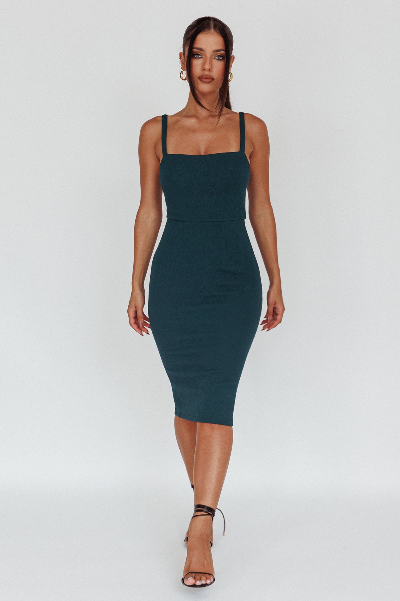 Georgia Square Neckline Midi Dress Forest Green by Selfie Leslie