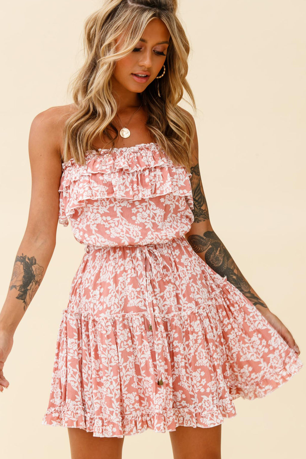Raquel Strapless Layered Dress Floral Print Blush by Selfie Leslie