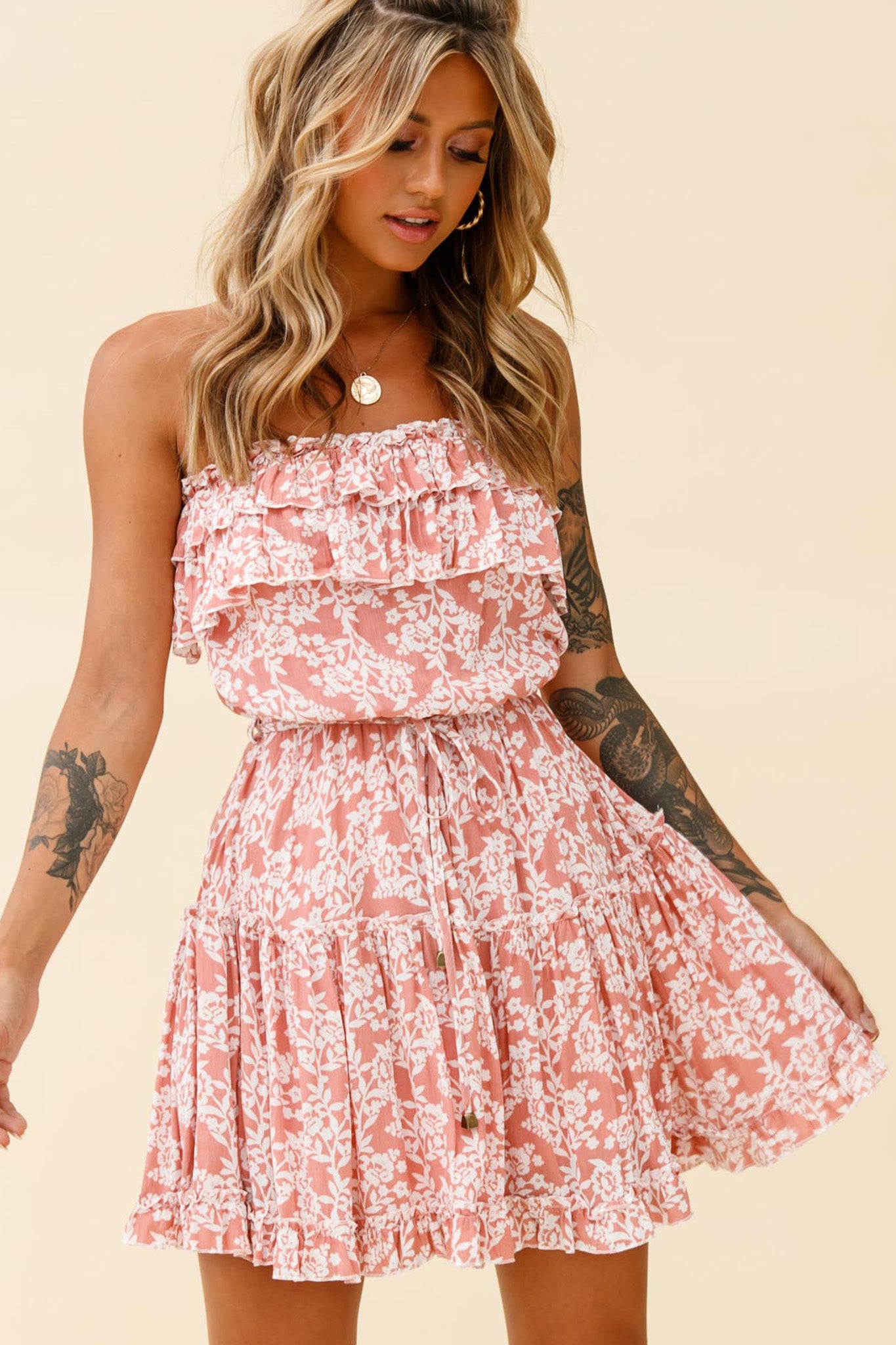 Raquel Strapless Layered Dress Floral Print Blush by Selfie Leslie