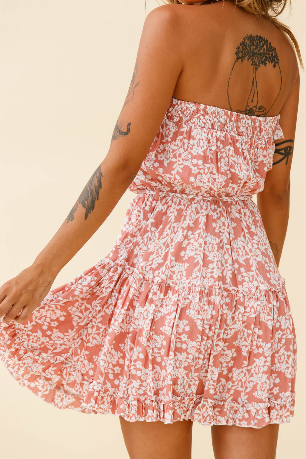 Raquel Strapless Layered Dress Floral Print Blush by Selfie Leslie