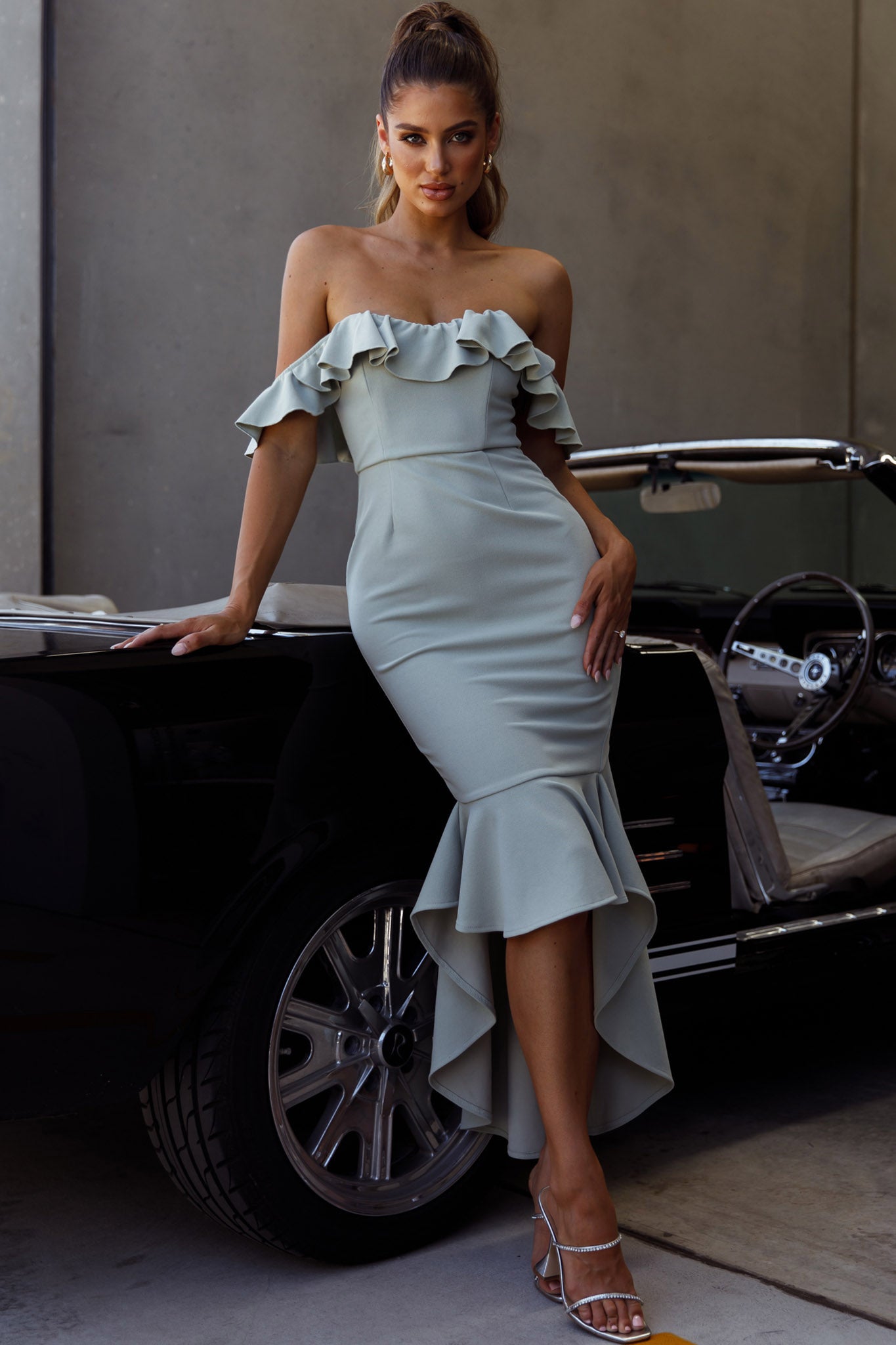 Shop the Cloud Bardot Neckline Corset Back Dress Sage