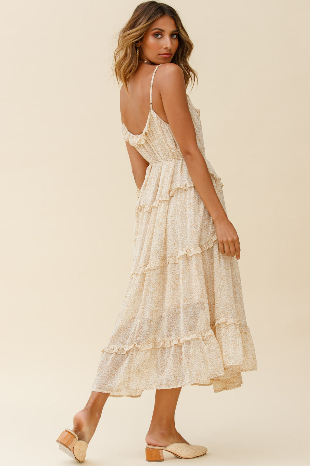Daybreak Frill Trim String Tie Waist Midi Dress Floral Print Beige by Selfie Leslie
