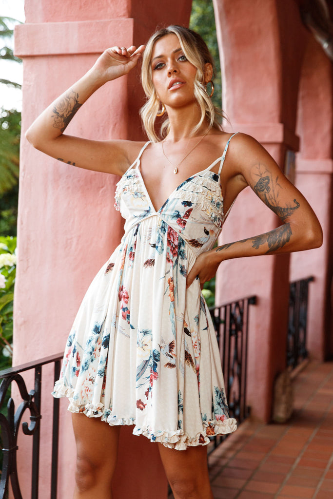 Shop the Dote On Me Frill Trim Strappy Back Dress Nature Print Beige