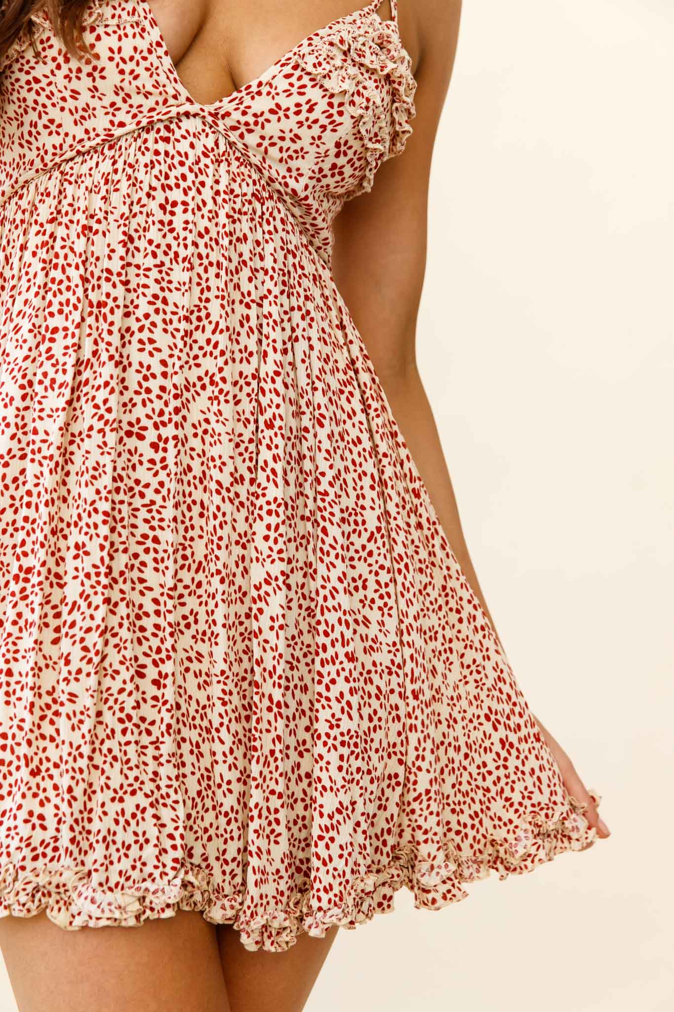 Dote On Me Frill Trim Strappy Back Dress Flower Print Beige by Selfie Leslie