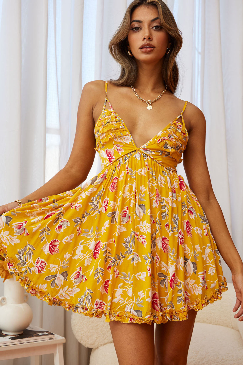 Dote On Me Frill Trim Strappy Back Dress Flower Print Mustard by Selfie Leslie