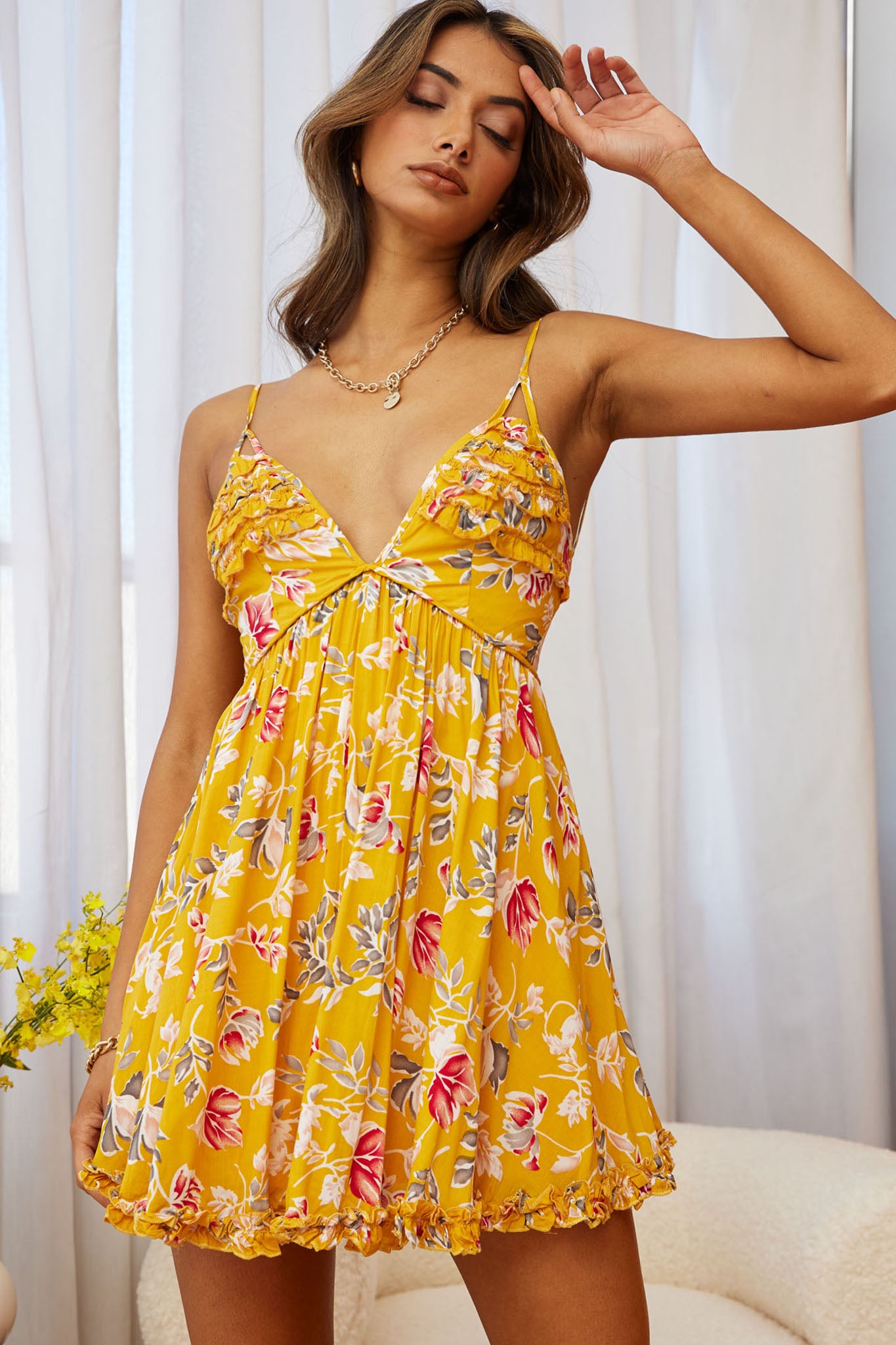 Dote On Me Frill Trim Strappy Back Dress Floral Print Yellow