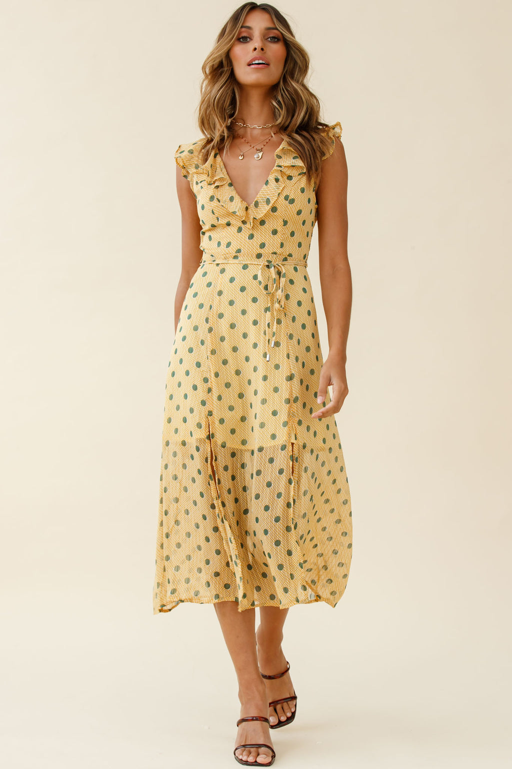 Karina Frill Neckline Midi Dress Polka Dot Print Mustard by Selfie Leslie