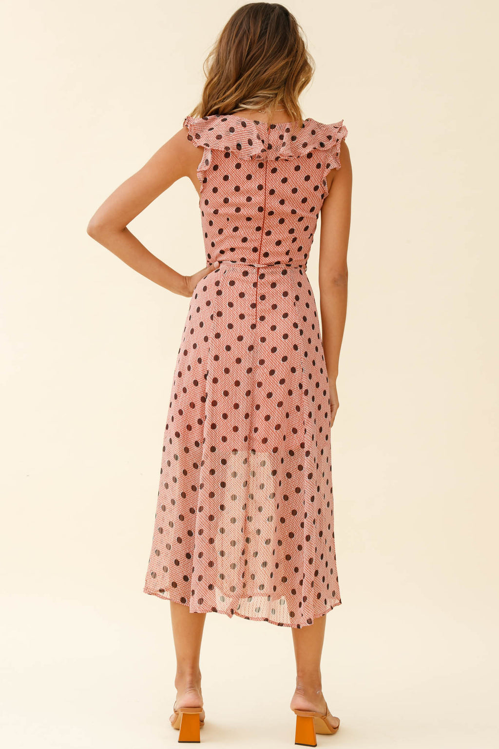 Karina Frill Neckline Midi Dress Polka Dot Print Rust by Selfie Leslie