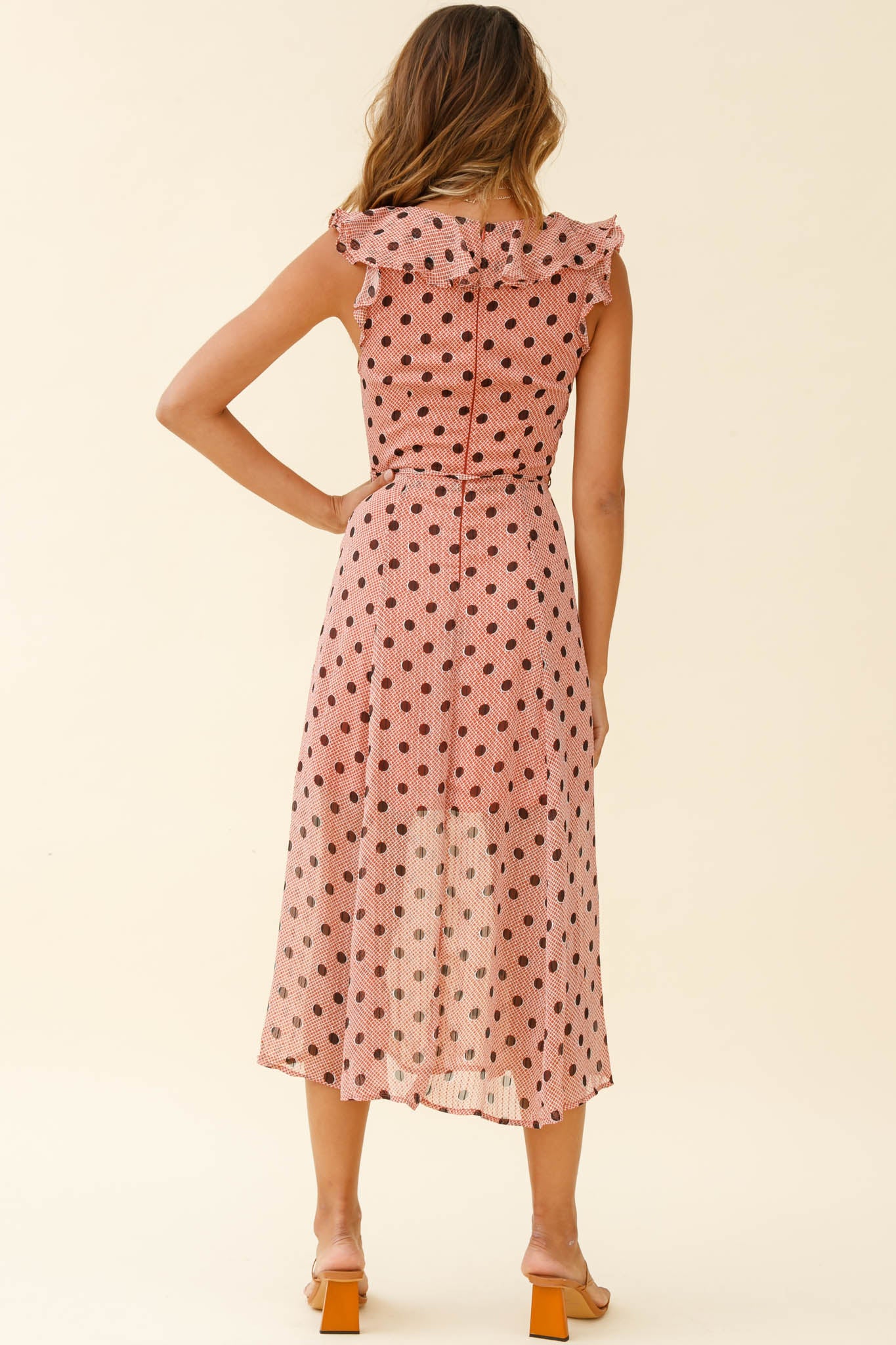 frill neck midi dress Karina Frill Neckline Midi Dress Polka Dot Print Rust