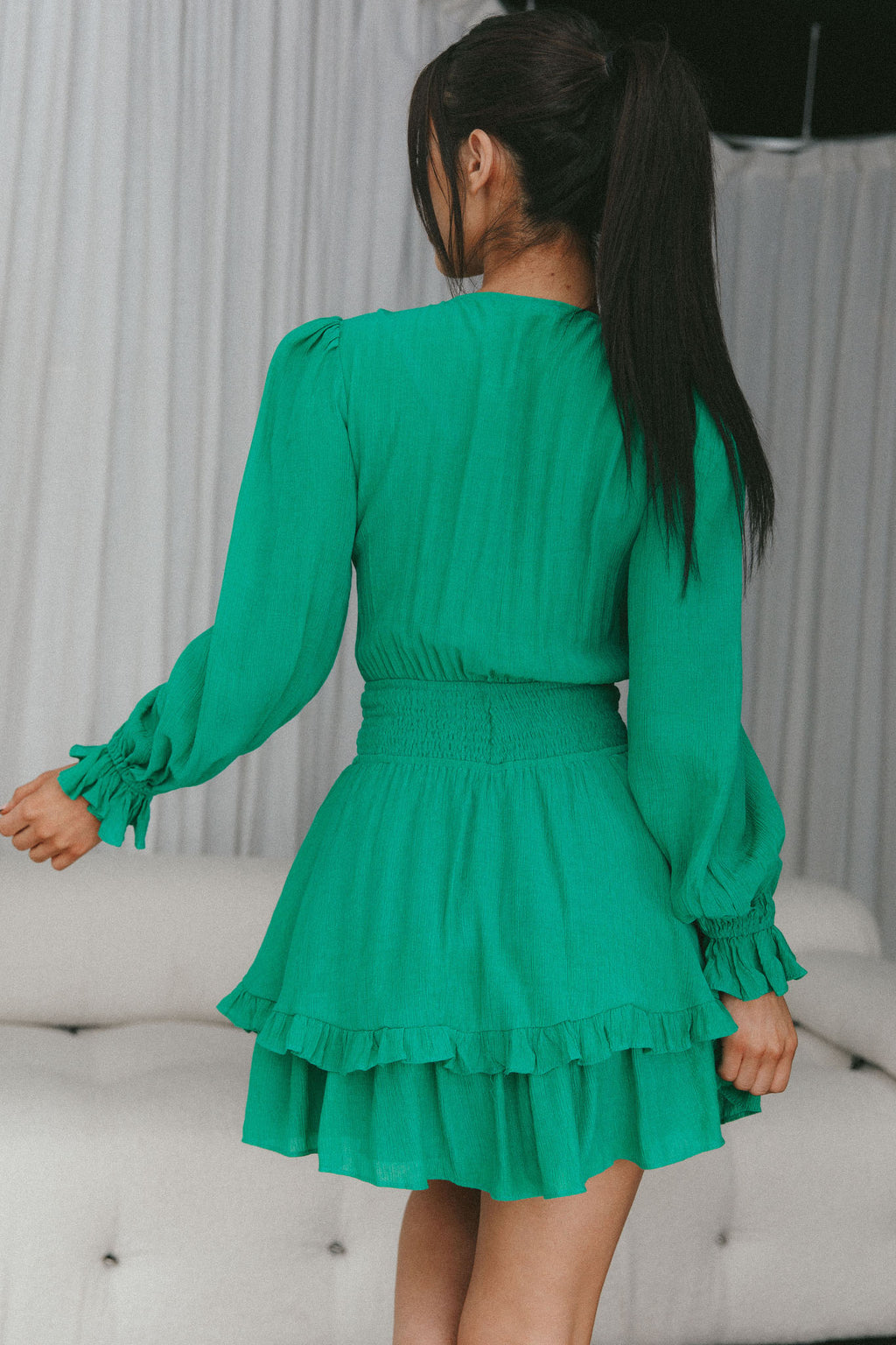 Anthea Bow-Tie Front Layered Frill Dress Green by Selfie Leslie