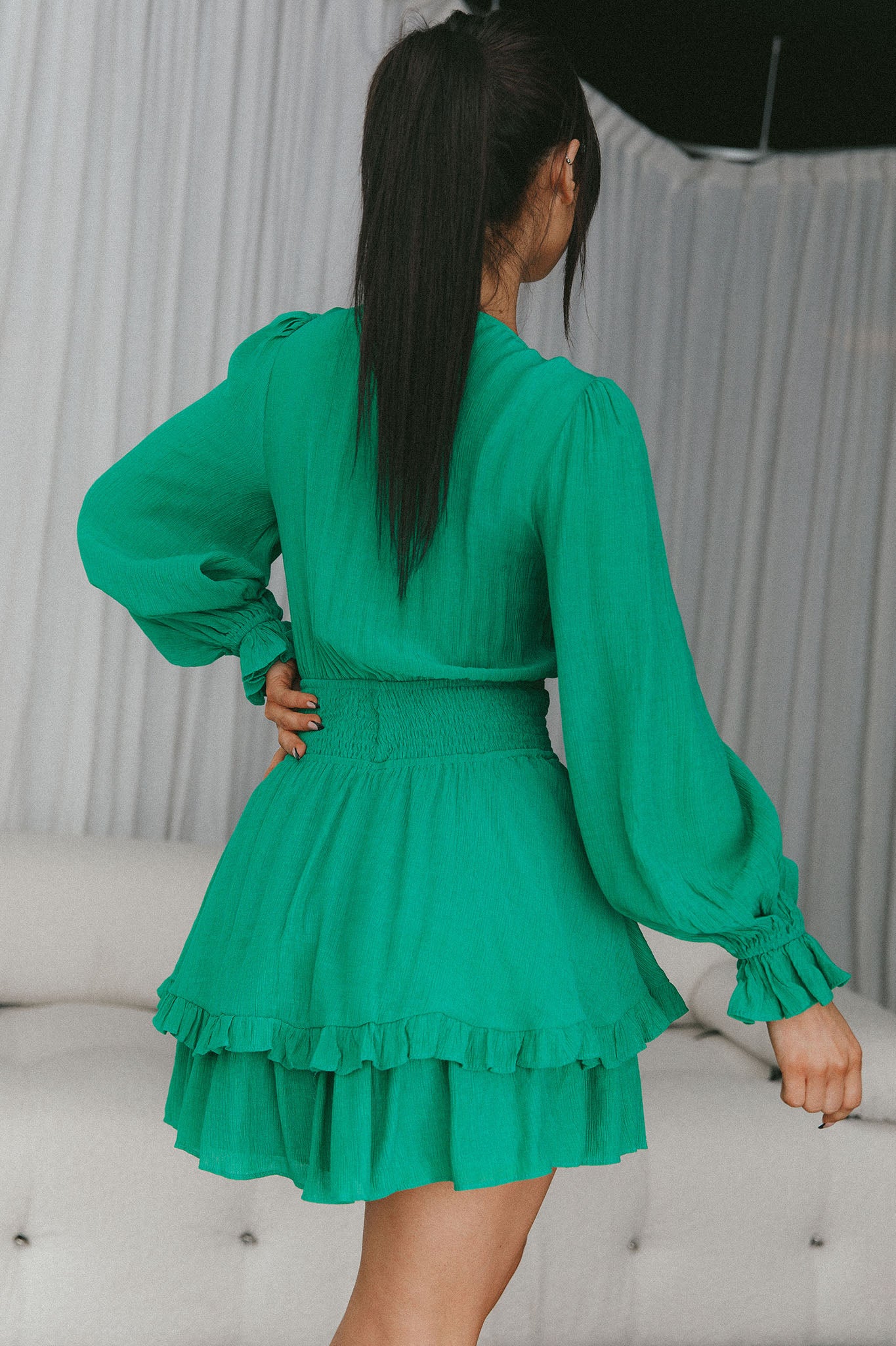 Anthea Bow-Tie Front Layered Frill Dress Green by Selfie Leslie