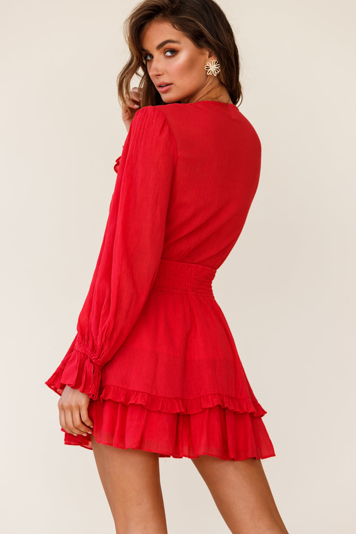Anthea Bow-Tie Front Layered Frill Dress Red Selfie Leslie