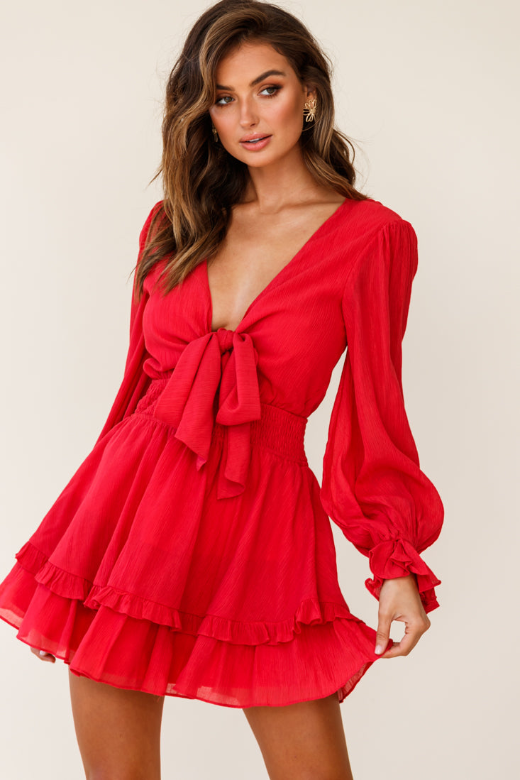 Anthea Bow-Tie Front Layered Frill Dress Red by Selfie Leslie