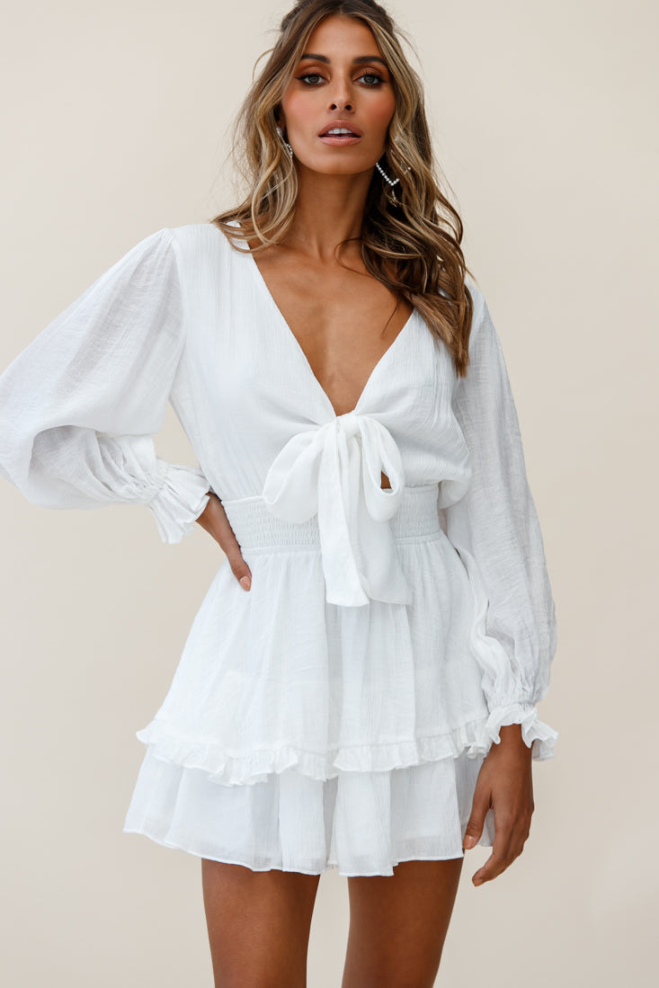 Shop the Anthea Bow-Tie Front Layered Frill Dress White | Selfie Leslie