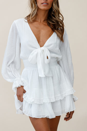 Shop the Anthea Bow-Tie Front Layered Frill Dress White | Selfie Leslie