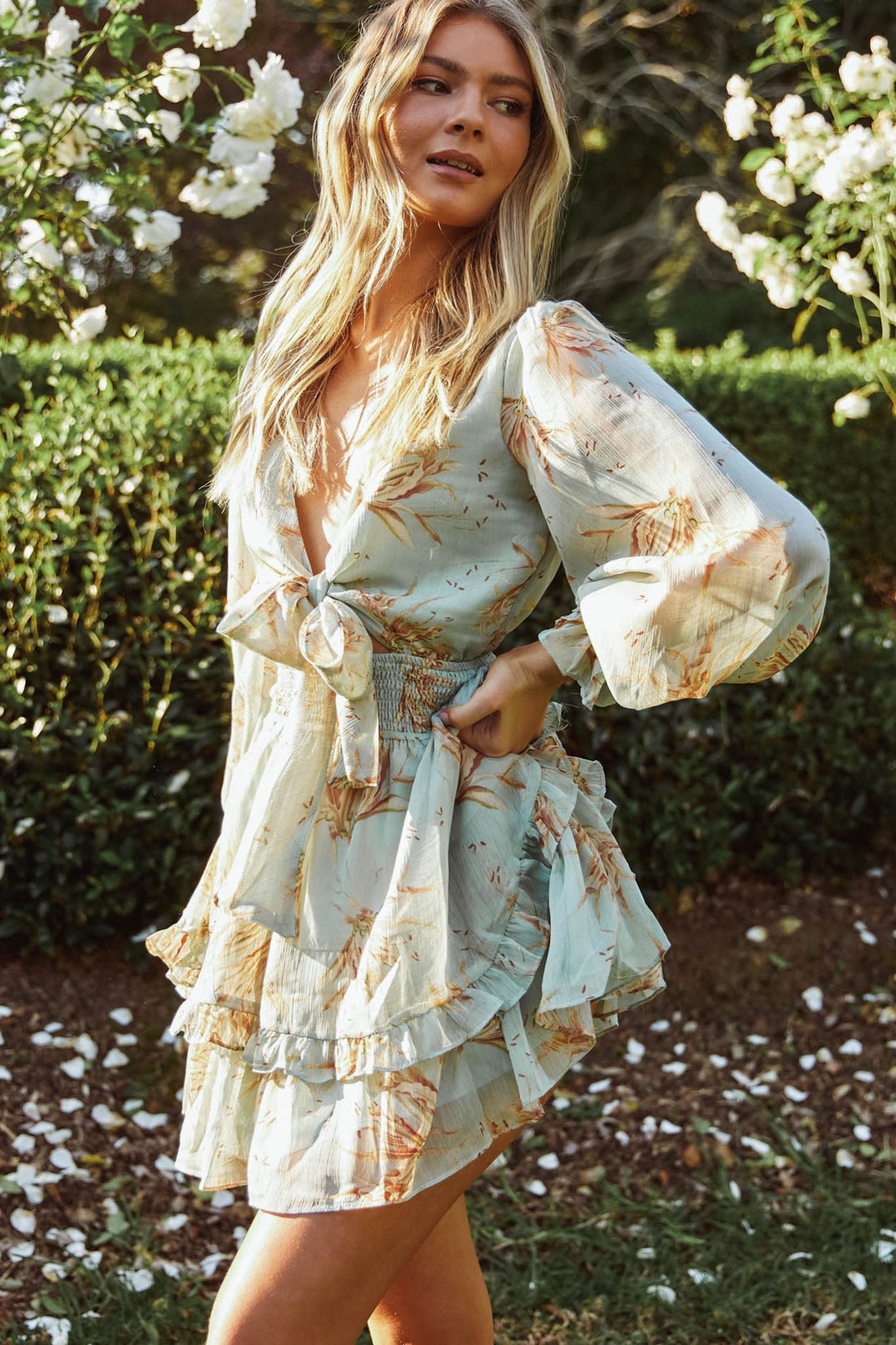 lanthea maxi dress Anthea Long Sleeve Bow-Tie Front Frill Dress Lily Print Pistachio