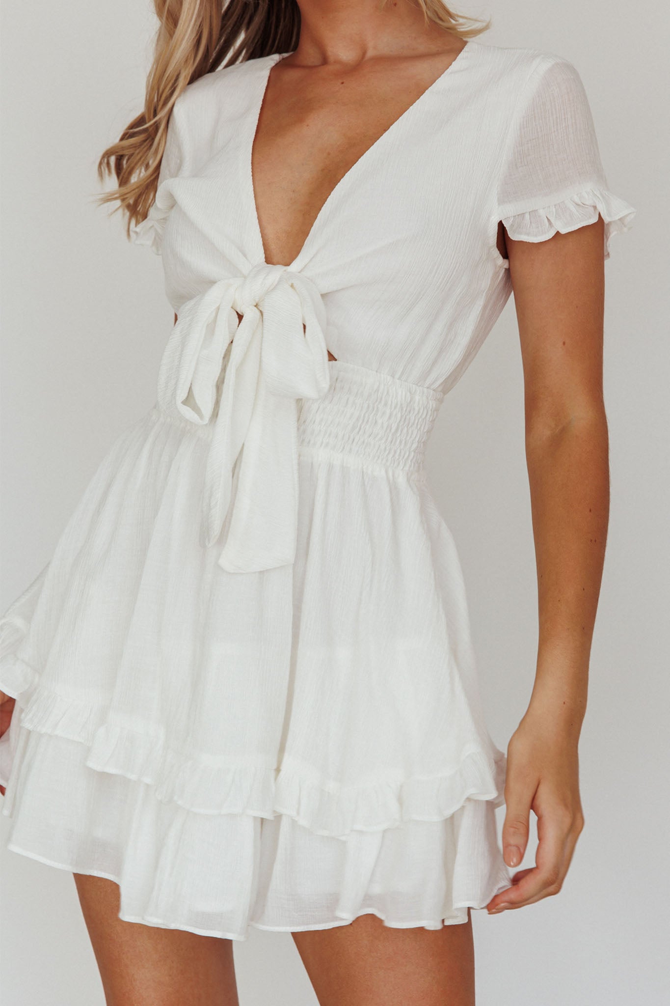 Anthea Bow-Tie Short Sleeve Frill Dress White by Selfie Leslie