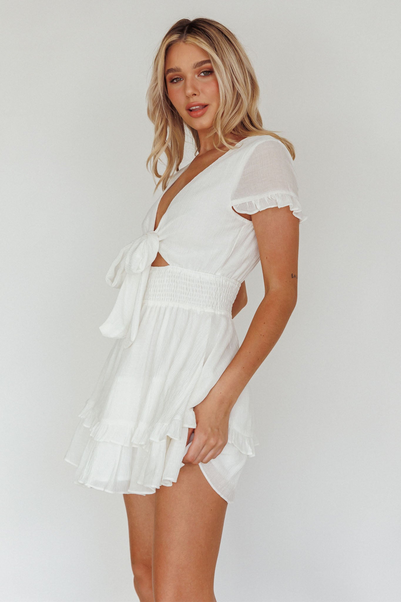 Anthea Bow-Tie Short Sleeve Frill Dress White by Selfie Leslie