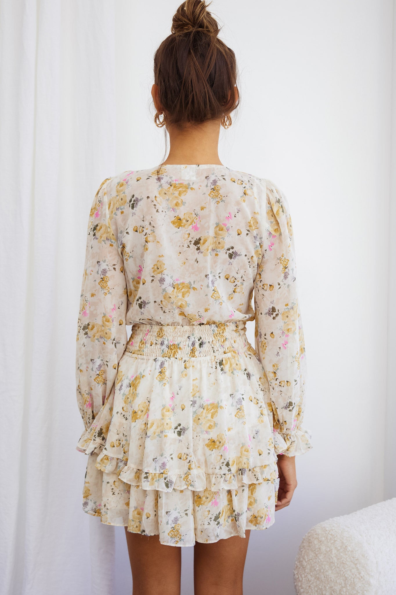 Anthea Bow-Tie Front Layered Frill Dress Vintage Floral Print Beige by Selfie Leslie