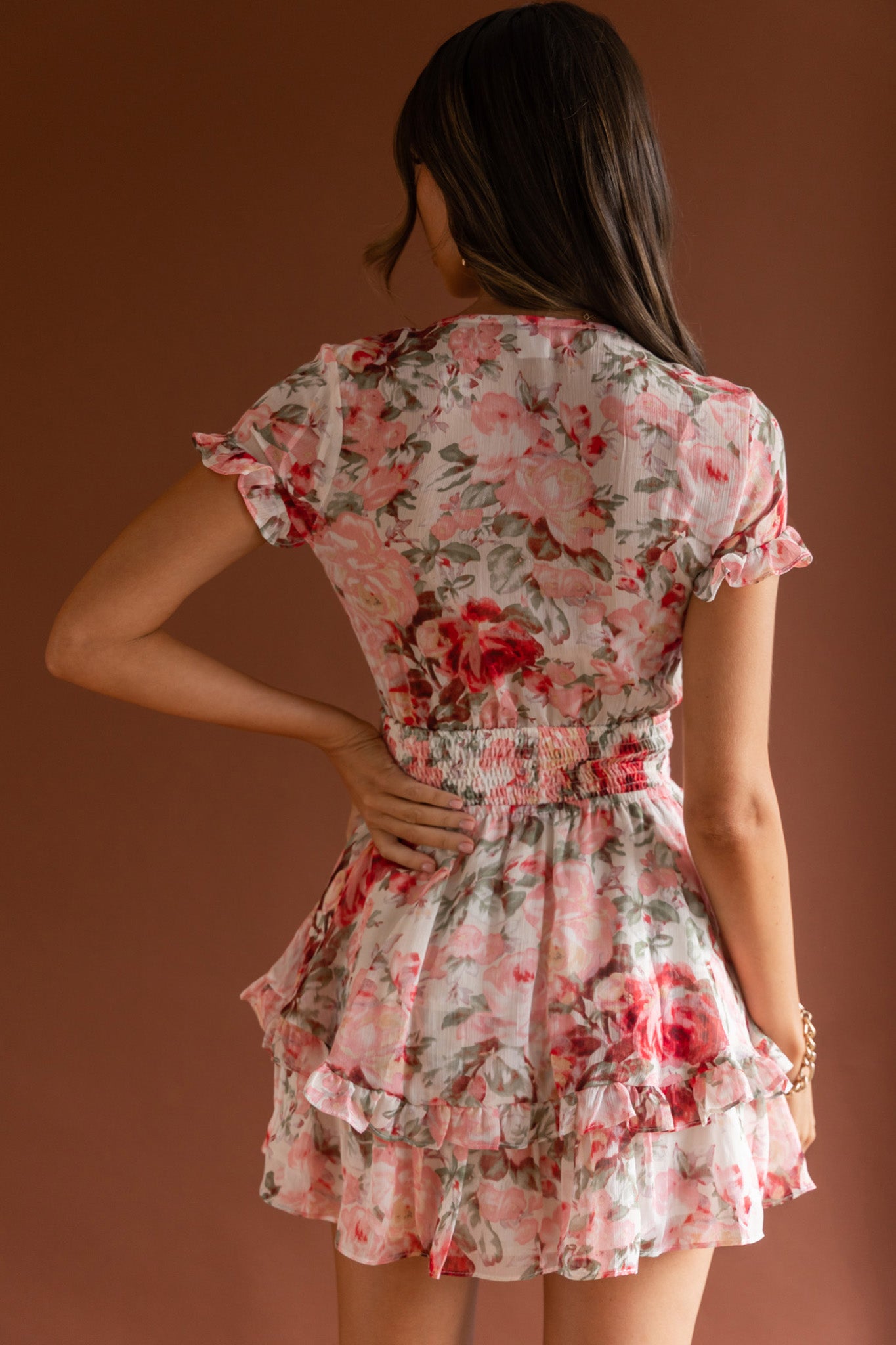 Anthea Bow-Tie Front Layered Frill Dress Floral Print Pink by Selfie Leslie