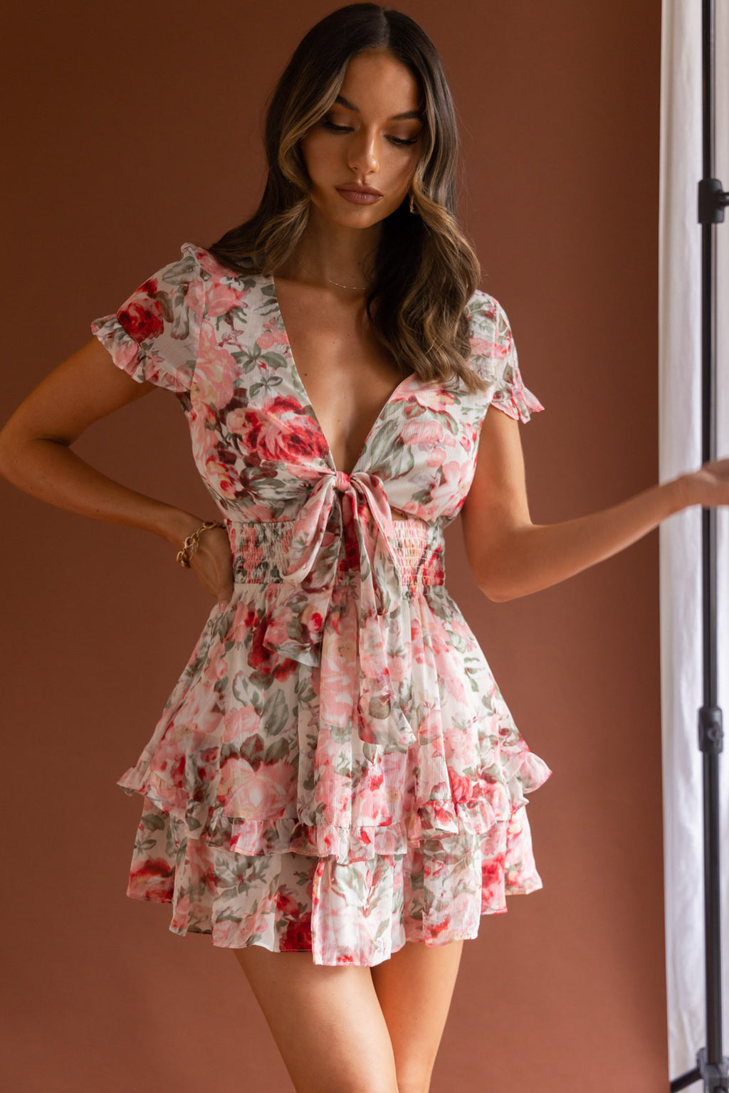 Anthea Bow-Tie Front Layered Frill Dress Floral Print Pink by Selfie Leslie