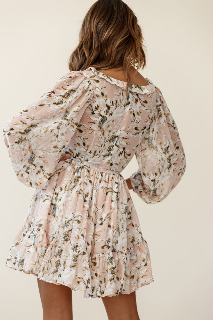 Athaliah Shirred Bust Balloon Sleeve Dress Floral Print Nude by Selfie Leslie
