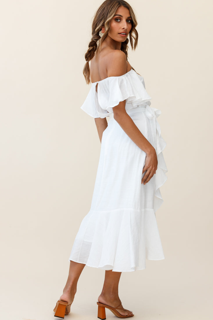 bettina midi dress Bettina Bardot Neckline Faux-Wrap Midi Dress White