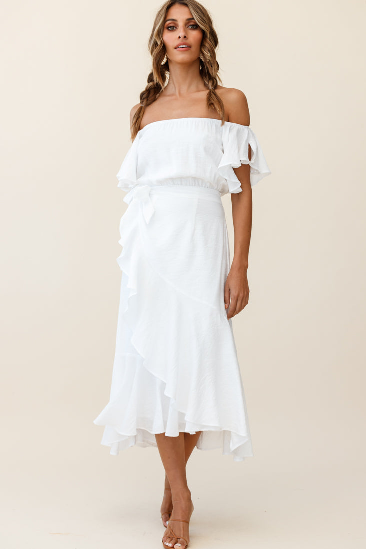 Bettina Bardot Neckline Faux-Wrap Midi Dress White by Selfie Leslie