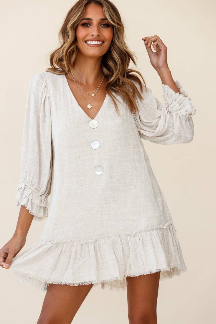 Amala Balloon Sleeve Button Detail Linen Dress Natural by Selfie Leslie