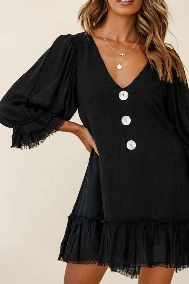Amala Balloon Sleeve Button Detail Linen Dress Black by Selfie Leslie