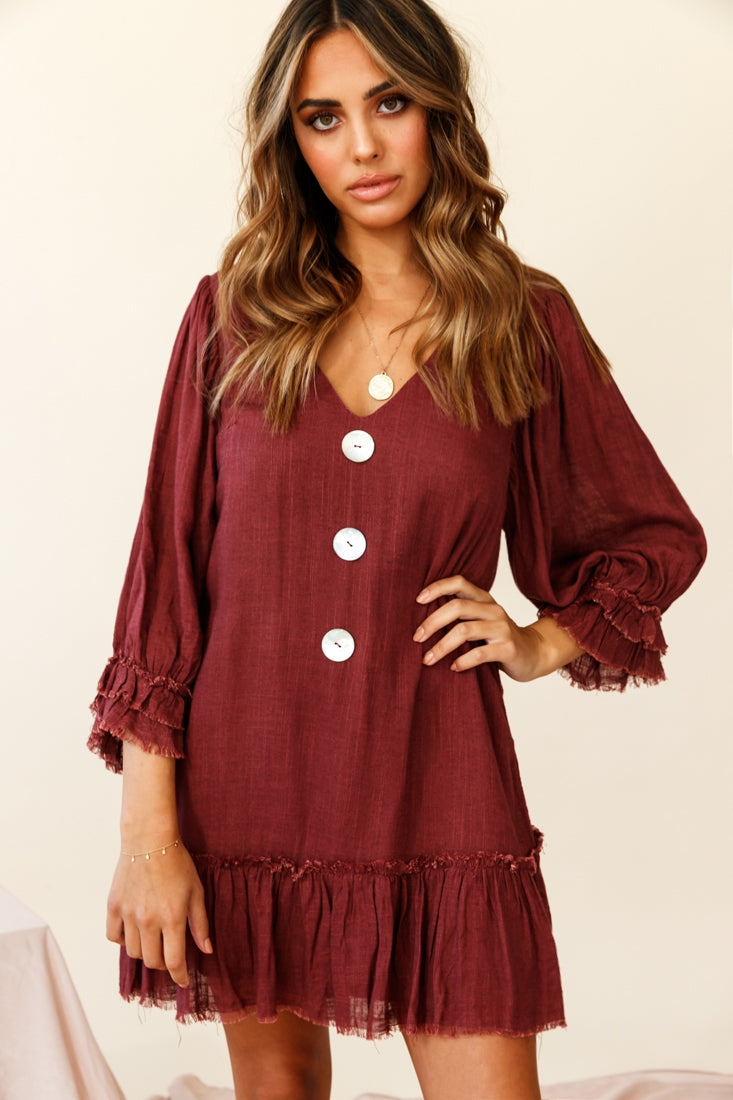 Amala Balloon Sleeve Button Detail Linen Dress Maroon by Selfie Leslie