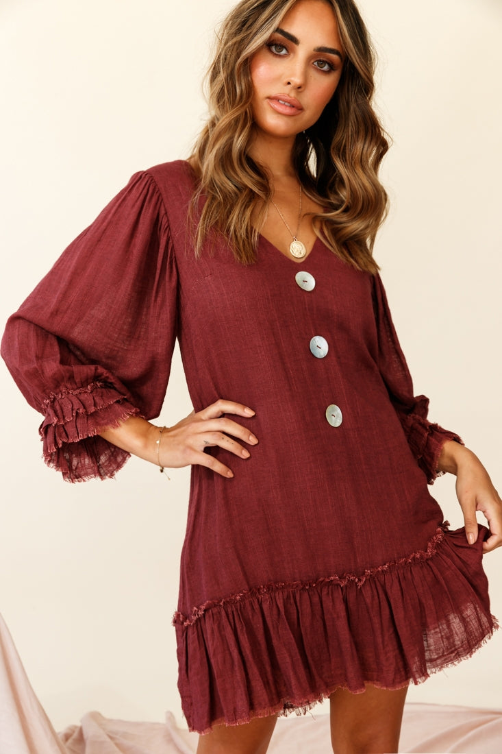 Amala Balloon Sleeve Button Detail Linen Dress Maroon by Selfie Leslie